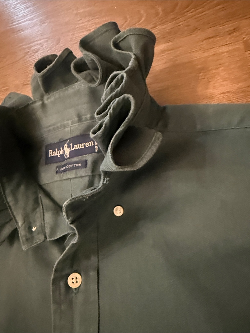 Upcycled Ralph Lauren Dark Green Ruffle Collar Button-Down Shirt Size Large - Picture 9 of 9